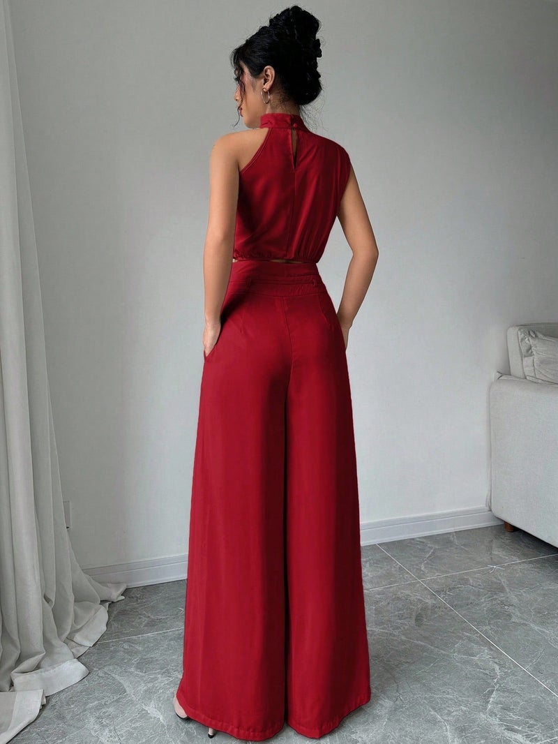 OUTZIDR Red Asymmetrical High Neck Top with Wide Straight Pant Co-Ord Set - Image 2